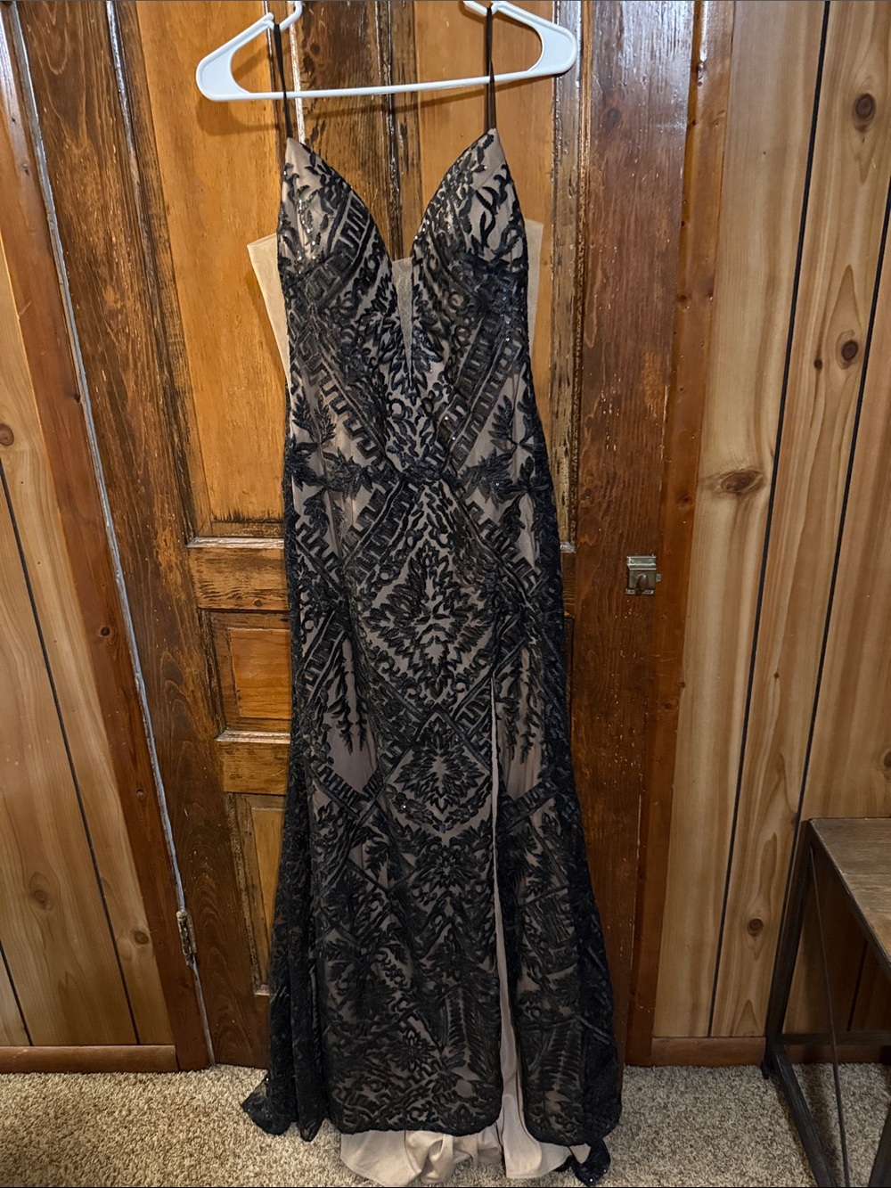 Mori Lee Black Lace Overlay Gown with Nude Lining